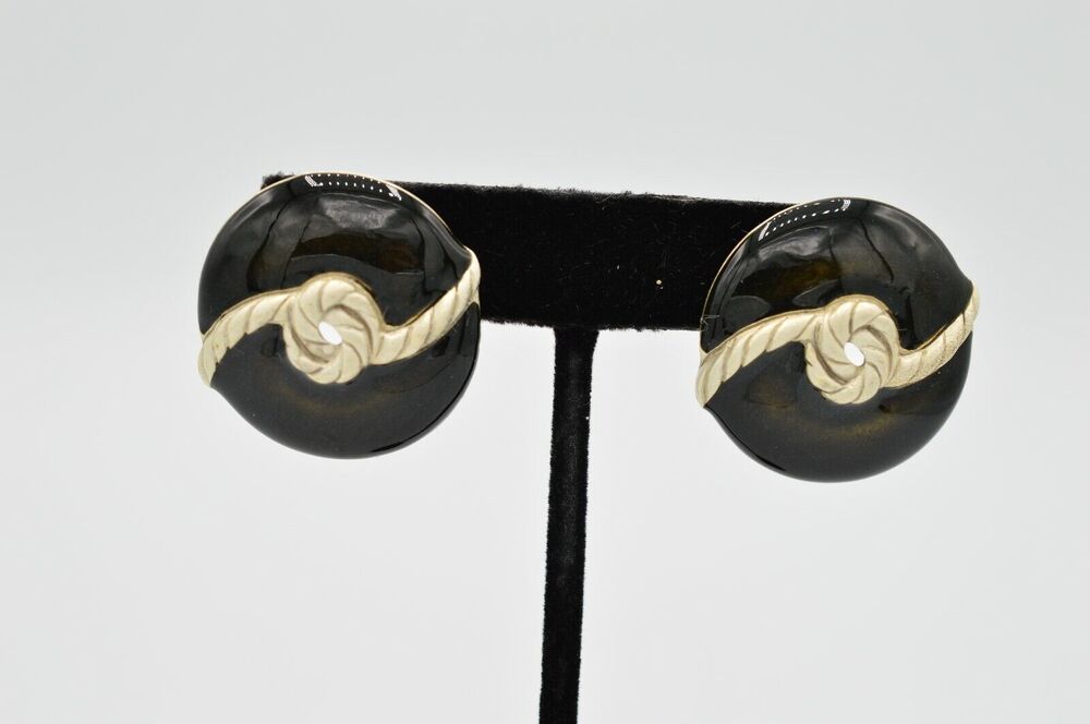 MJ Ent Vintage Black Enamel Brushed Silver Earrings Round Knot Signed 1980s BnS